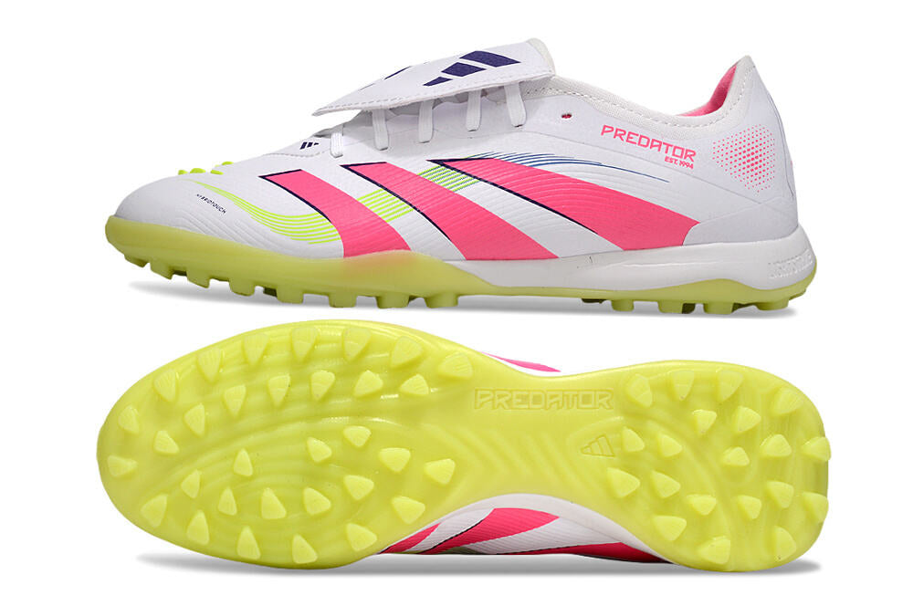 Chuteira Society Adidas Predator Elite Fold-Over Tongue TF - Branca, Rosa e Verde