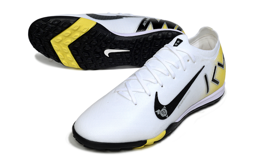 Chuteira Society Nike Air Zoom Mercurial Vapor 16 Kylian Mbappe Elite TF - Branca, Amarela e Preta