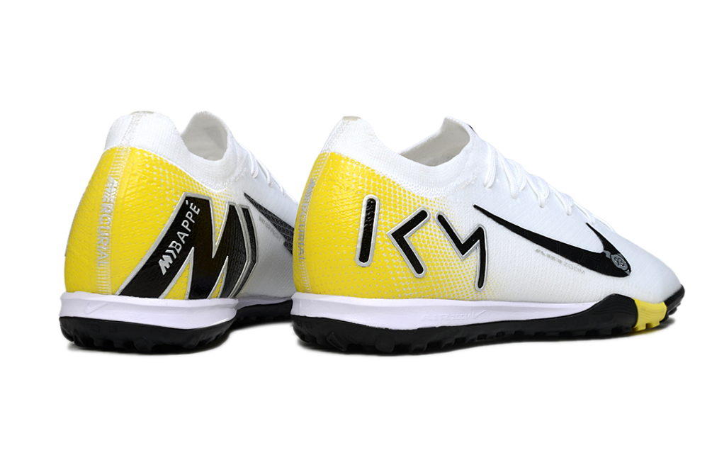 Chuteira Society Nike Air Zoom Mercurial Vapor 16 Kylian Mbappe Elite TF - Branca, Amarela e Preta
