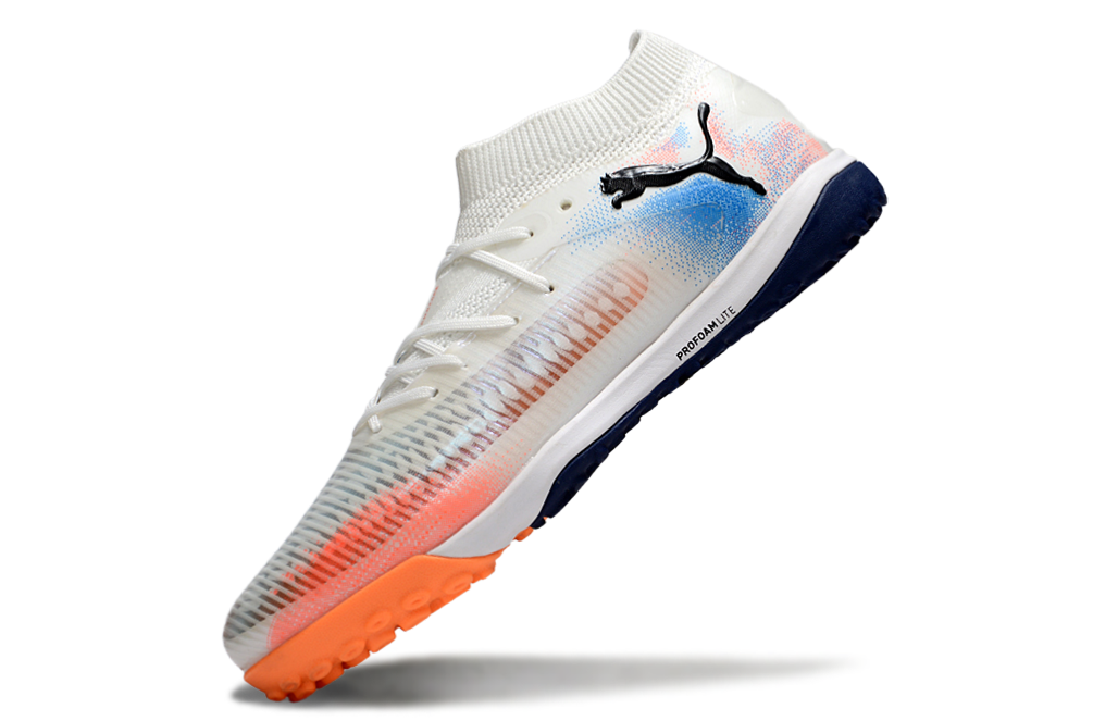 Chuteira Society Puma Future 8 TF - Branca, Azul e Laranja - Untamed Pack