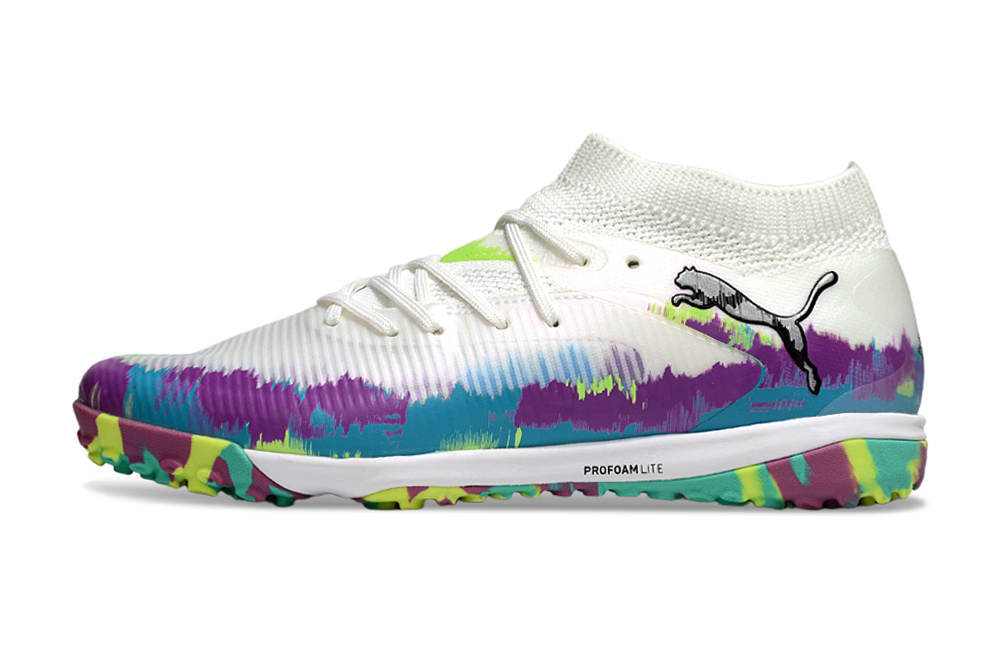 Chuteira Society Puma Future 8 TF - Branca, Roxa e Verde - Brilliance Pack