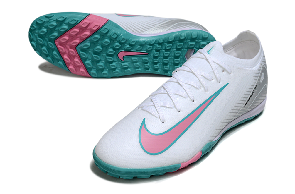 Chuteira Society Nike Air Zoom Mercurial Vapor 16 Elite TF - Branca, Azul e Rosa