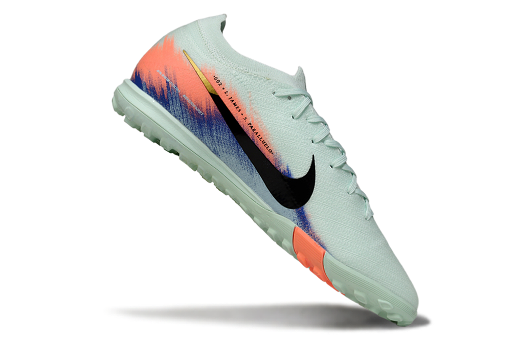 Chuteira Society Nike Air Zoom Mercurial Vapor 16 Elite TF - Branca, Azul e Laranja