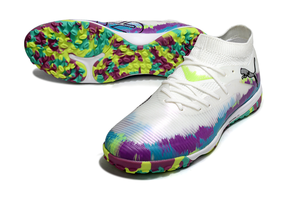 Chuteira Society Puma Future 8 TF - Branca, Roxa e Verde - Brilliance Pack