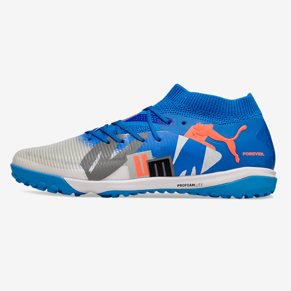 Chuteira Society Puma Future 8 TF - Cinza, Azul e Laranja - Forever Pack
