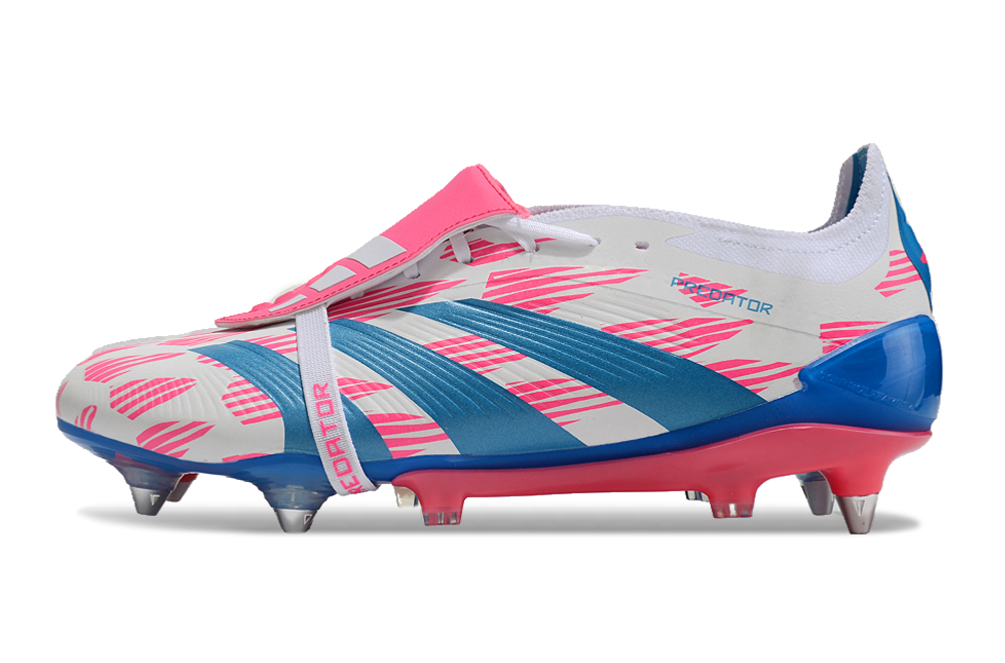 Chuteira Adidas Predator Elite Fold-Over Tongue SG - Branca, Azul e Rosa