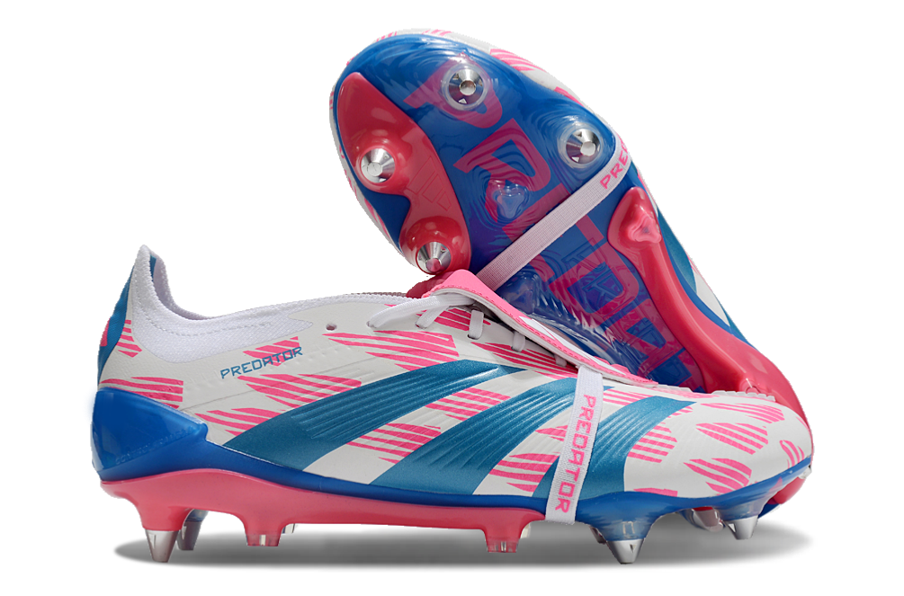 Chuteira Adidas Predator Elite Fold-Over Tongue SG - Branca, Azul e Rosa