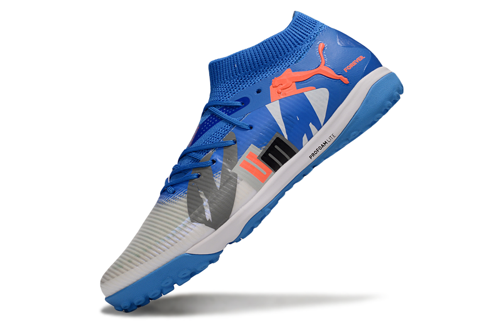 Chuteira Society Puma Future 8 TF - Cinza, Azul e Laranja - Forever Pack