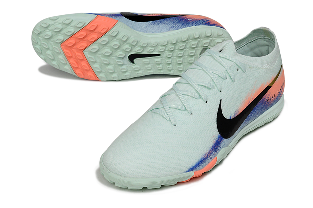 Chuteira Society Nike Air Zoom Mercurial Vapor 16 Elite TF - Branca, Azul e Laranja