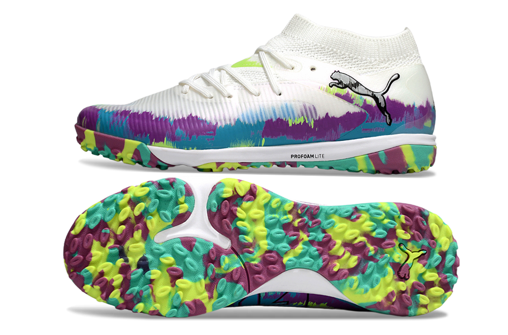 Chuteira Society Puma Future 8 TF - Branca, Roxa e Verde - Brilliance Pack