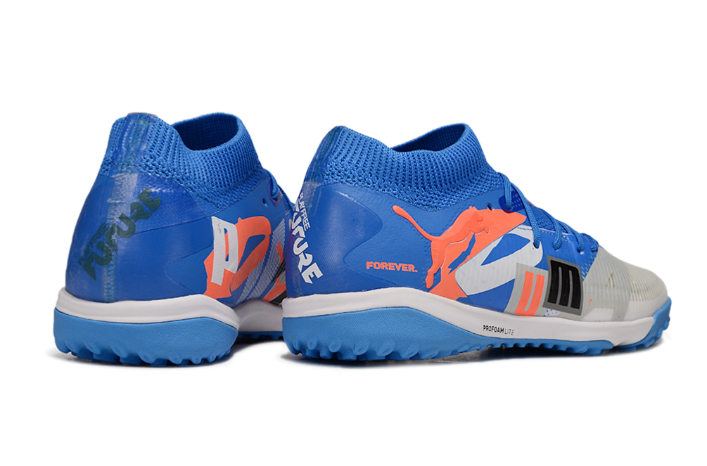 Chuteira Society Puma Future 8 TF - Cinza, Azul e Laranja - Forever Pack