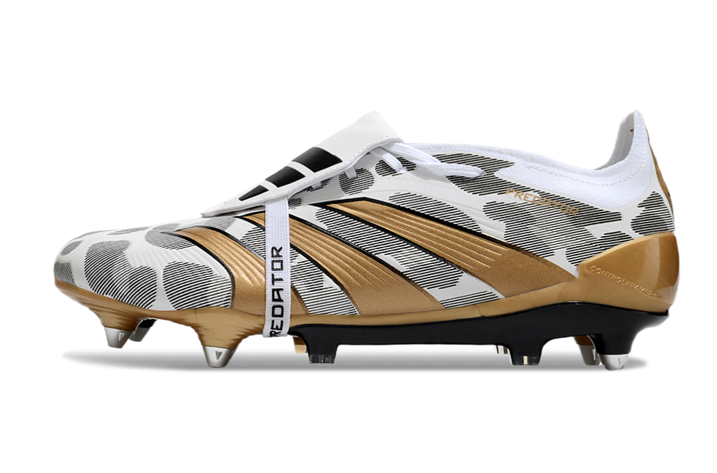 Chuteira Adidas Predator Elite Fold-Over Tongue SG - Branca, Dourada e Preta