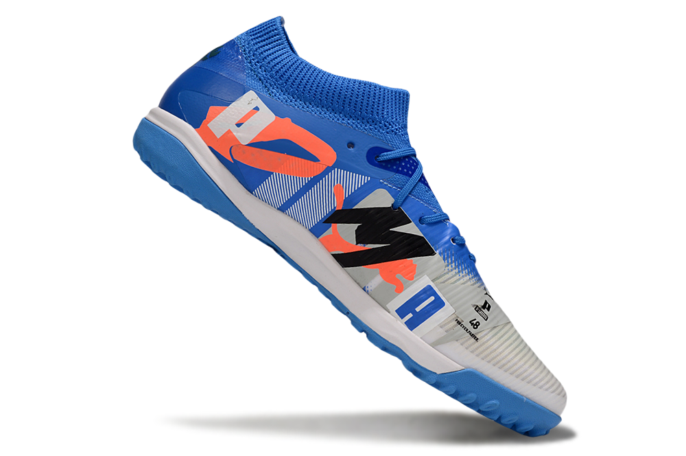 Chuteira Society Puma Future 8 TF - Cinza, Azul e Laranja - Forever Pack