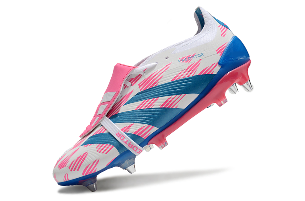Chuteira Adidas Predator Elite Fold-Over Tongue SG - Branca, Azul e Rosa