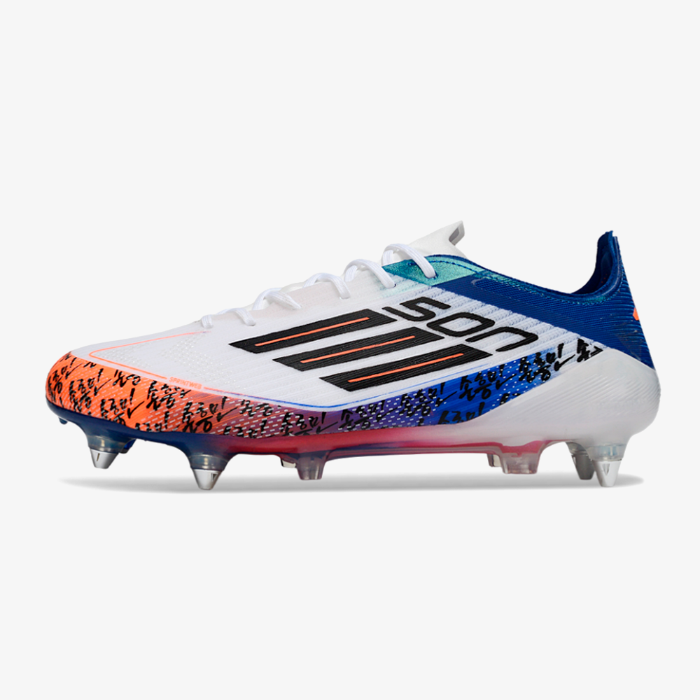 Chuteira Adidas F50 Son Elite SG - Branca, Azul e Laranja