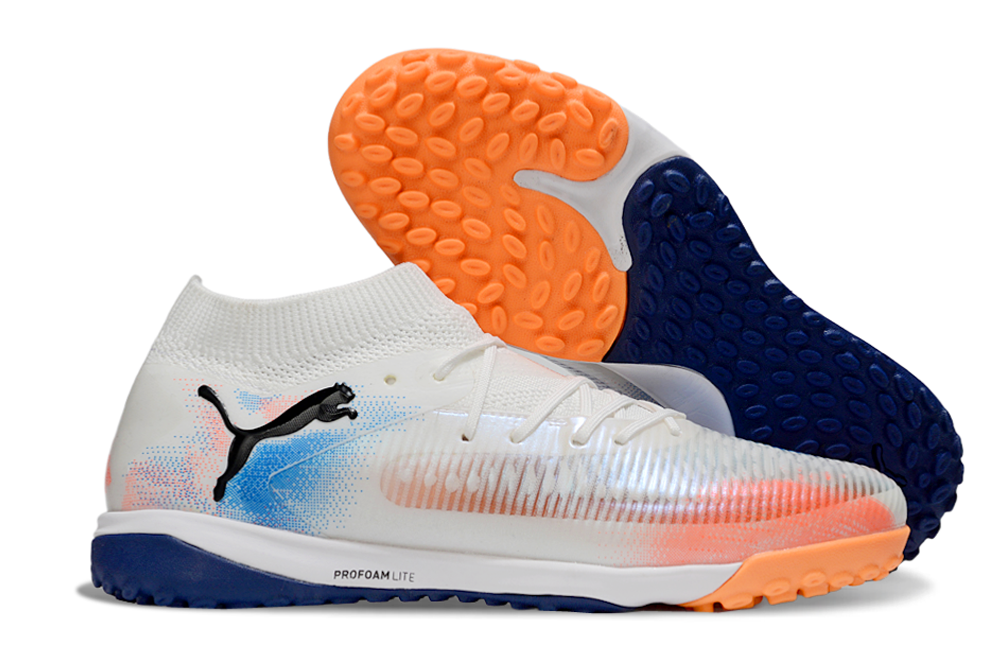 Chuteira Society Puma Future 8 TF - Branca, Azul e Laranja - Untamed Pack