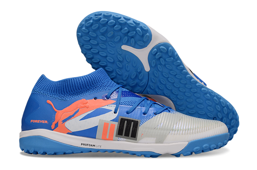 Chuteira Society Puma Future 8 TF - Cinza, Azul e Laranja - Forever Pack