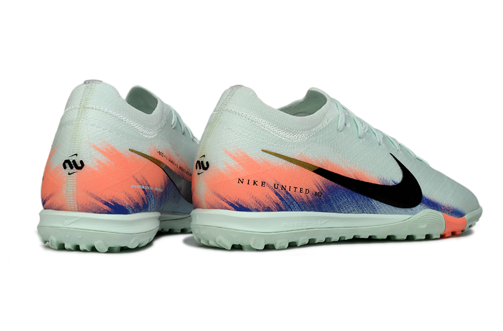 Chuteira Society Nike Air Zoom Mercurial Vapor 16 Elite TF - Branca, Azul e Laranja