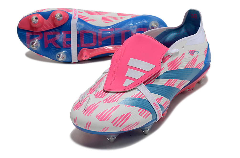 Chuteira Adidas Predator Elite Fold-Over Tongue SG - Branca, Azul e Rosa