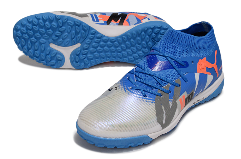 Chuteira Society Puma Future 8 TF - Cinza, Azul e Laranja - Forever Pack