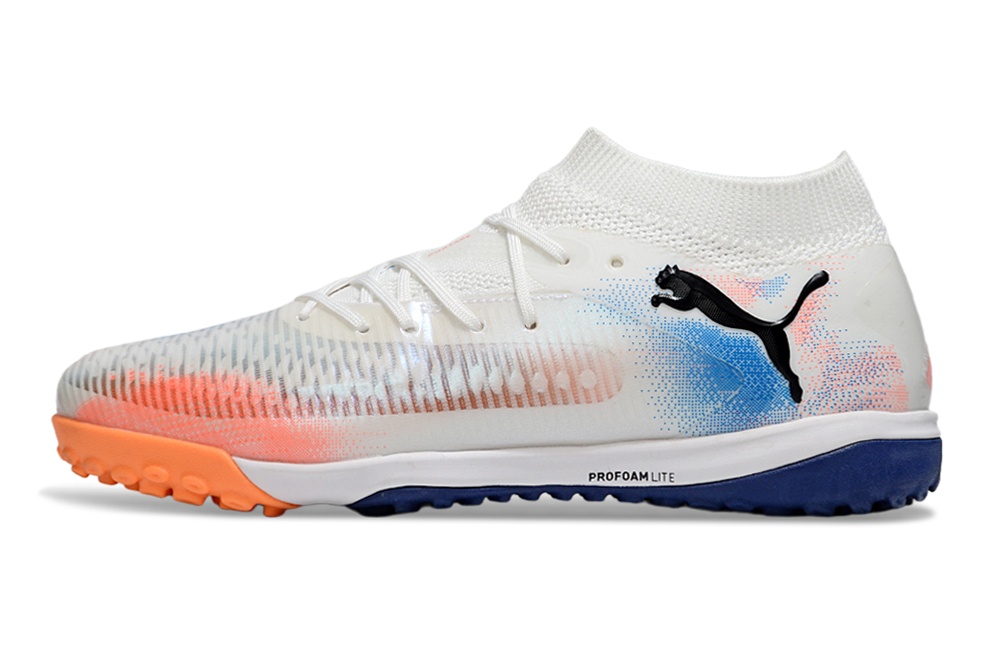Chuteira Society Puma Future 8 TF - Branca, Azul e Laranja - Untamed Pack