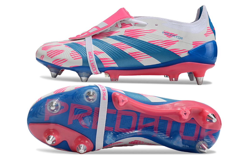 Chuteira Adidas Predator Elite Fold-Over Tongue SG - Branca, Azul e Rosa